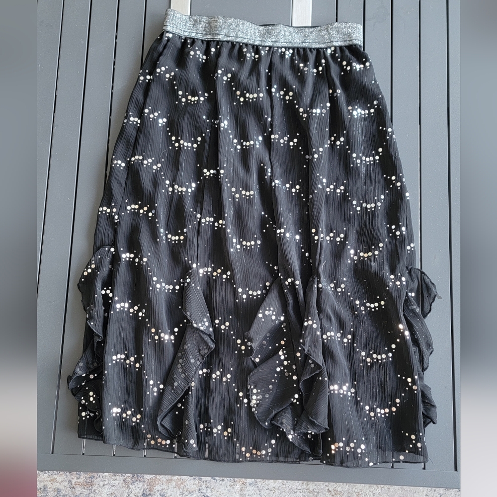 Takara Black Asymmetrical Skirt with Silver Sequin Dots Size Large